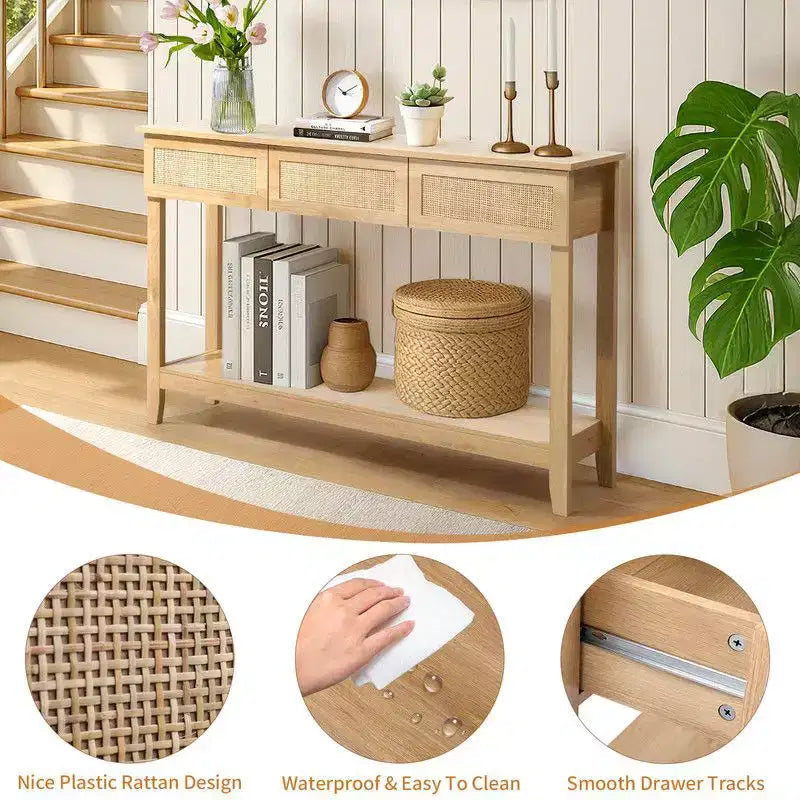 Console de style rotin beige avec 3 tiroirs et une étagère, 1 place