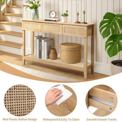 Console de style rotin beige avec 3 tiroirs et une étagère, 1 place