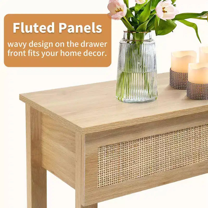 Console de style rotin beige avec 3 tiroirs et une étagère, 1 place