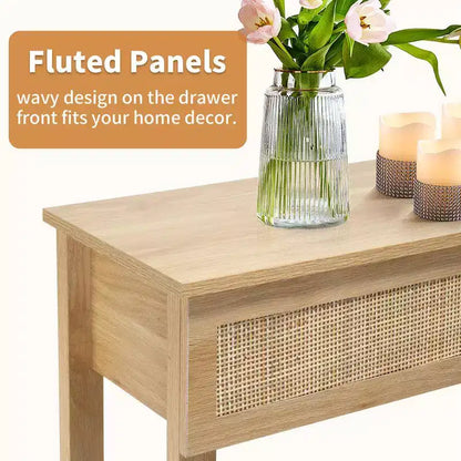 Console de style rotin beige avec 3 tiroirs et une étagère, 1 place