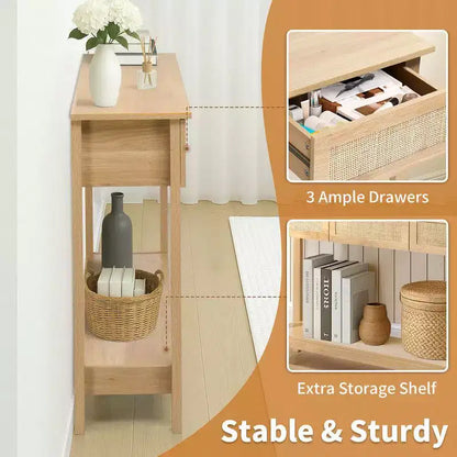 Console de style rotin beige avec 3 tiroirs et une étagère, 1 place