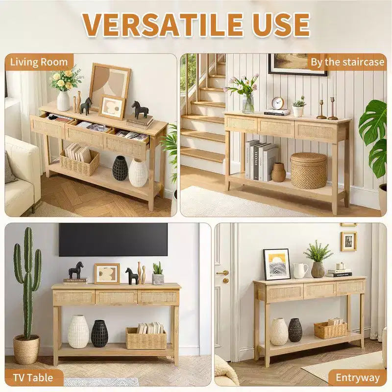 Console de style rotin beige avec 3 tiroirs et une étagère, 1 place