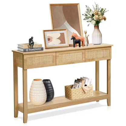 Console de style rotin beige avec 3 tiroirs et une étagère, 1 place
