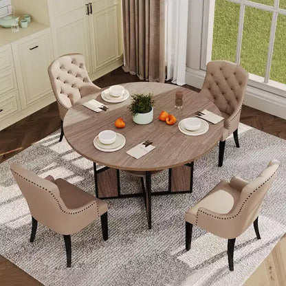Table à manger ronde de 151,4 cm pour 4 à 6 personnes, Noyer / Bois et Noir, Style industriel moderne, Étagère de rangement