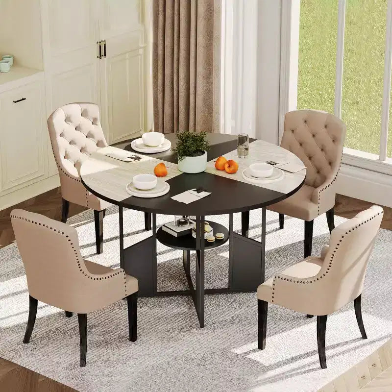Table à manger ronde de 151,4 cm pour 4 à 6 personnes, Noyer / Bois et Noir, Style industriel moderne, Étagère de rangement