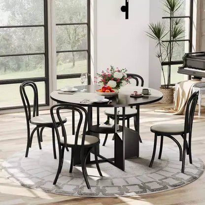 Table à manger ronde de 151,4 cm pour 4 à 6 personnes, Noyer / Bois et Noir, Style industriel moderne, Étagère de rangement