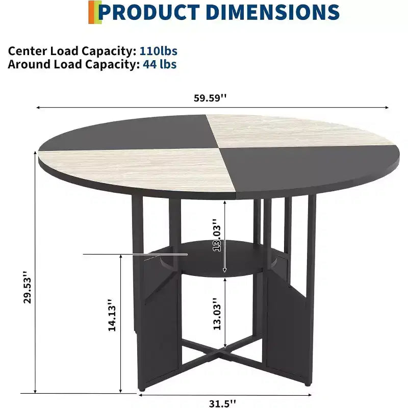 Table à manger ronde de 151,4 cm pour 4 à 6 personnes, Noyer / Bois et Noir, Style industriel moderne, Étagère de rangement