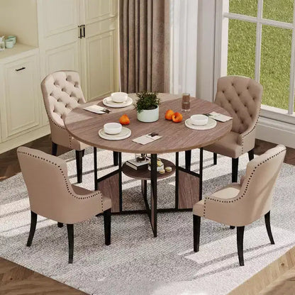 Table à manger ronde de 151,4 cm pour 4 à 6 personnes, Noyer / Bois et Noir, Style industriel moderne, Étagère de rangement
