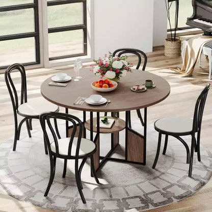 Table à manger ronde de 151,4 cm pour 4 à 6 personnes, Noyer / Bois et Noir, Style industriel moderne, Étagère de rangement