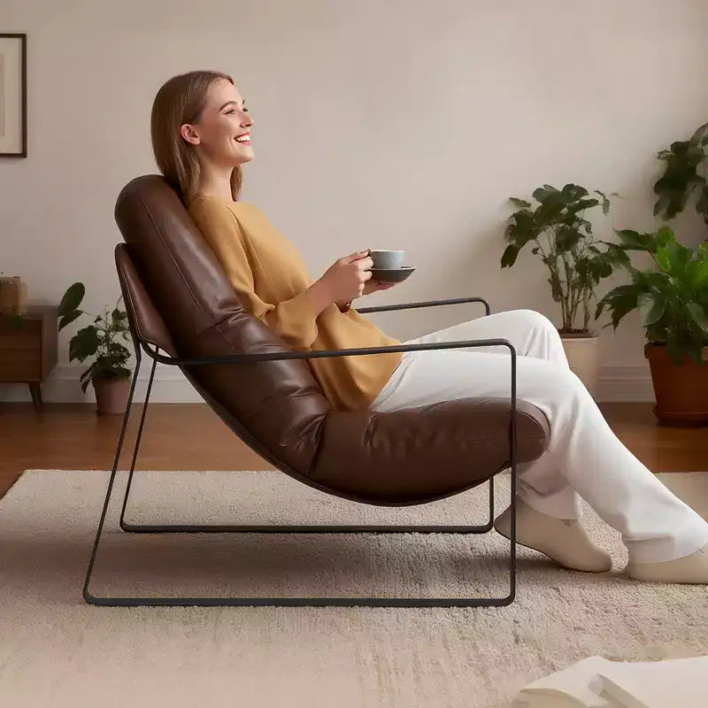 Fauteuil d'appoint en cuir PU marron, fauteuil rembourré pour 1 personne, structure en fer