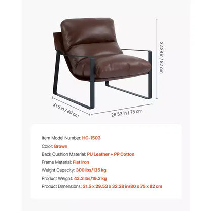 Fauteuil d'appoint en cuir PU marron, fauteuil rembourré pour 1 personne, structure en fer