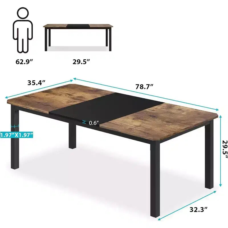 Table à manger rectangulaire industrielle noire/grise/couleur rétro, 6 à 8 places