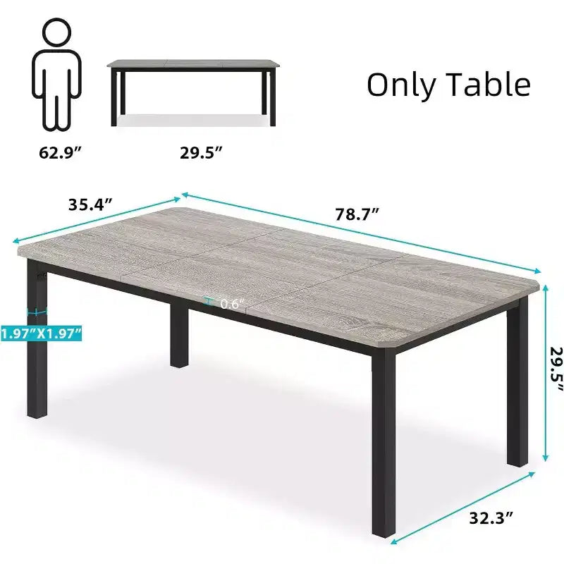 Table à manger rectangulaire industrielle noire/grise/couleur rétro, 6 à 8 places