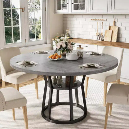 Table à manger ronde noir/gris/naturel/bois+noir, style rustique, 4 à 6 places