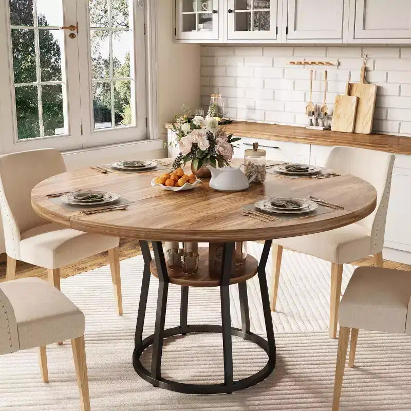 Table à manger ronde noir/gris/naturel/bois+noir, style rustique, 4 à 6 places