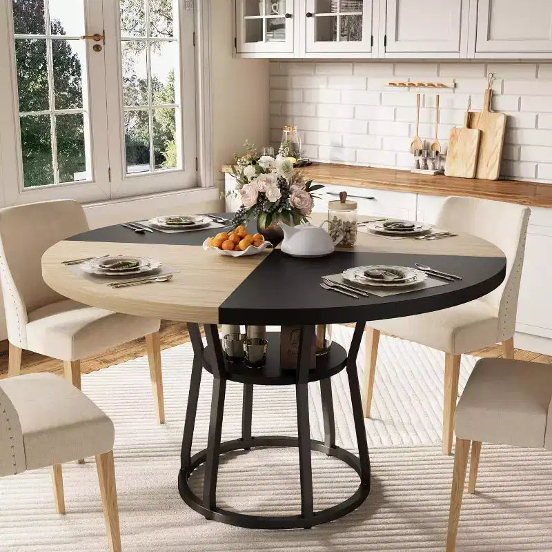 Table à manger ronde noir/gris/naturel/bois+noir, style rustique, 4 à 6 places