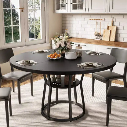 Table à manger ronde noir/gris/naturel/bois+noir, style rustique, 4 à 6 places