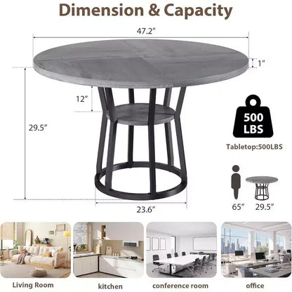 Table à manger ronde noir/gris/naturel/bois+noir, style rustique, 4 à 6 places