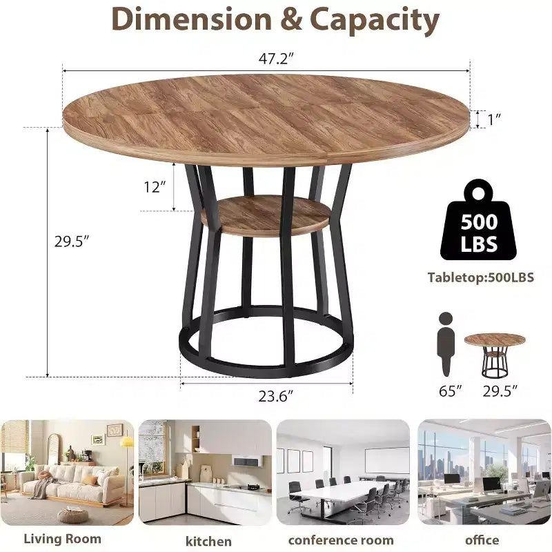 Table à manger ronde noir/gris/naturel/bois+noir, style rustique, 4 à 6 places