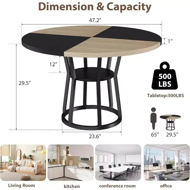 Table à manger ronde noir/gris/naturel/bois+noir, style rustique, 4 à 6 places