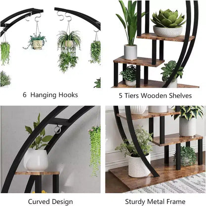 Support à plantes demi-lune à 5 niveaux en métal noir/marron avec 4 crochets de suspension