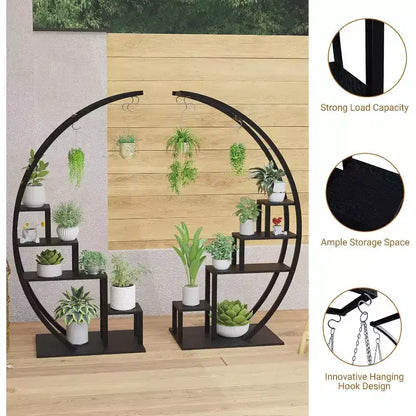 Support à plantes demi-lune à 5 niveaux en métal noir/marron avec 4 crochets de suspension