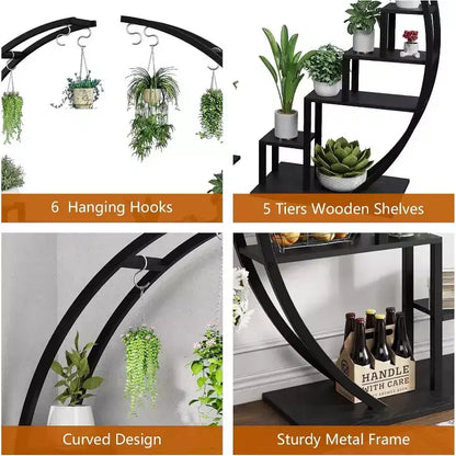 Support à plantes demi-lune à 5 niveaux en métal noir/marron avec 4 crochets de suspension