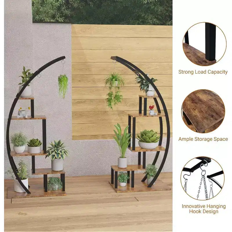Support à plantes demi-lune à 5 niveaux en métal noir/marron avec 4 crochets de suspension