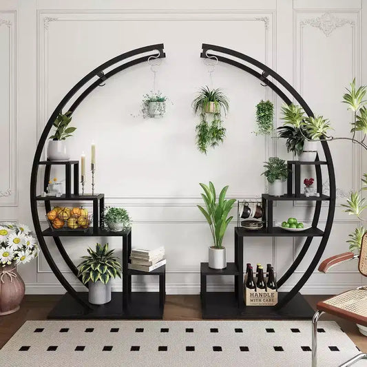 5-Tier Round Plant Stand, Half Moon Shape Indoor Metal Plant Holder, Flower Shelf Rack With 4 Hanging Hooks for Home Balcony Living Room Garden Decor
