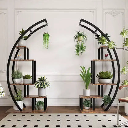 Support à plantes demi-lune à 5 niveaux en métal noir/marron avec 4 crochets de suspension