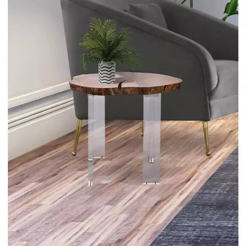 Table d'appoint en bois d'acacia à bord naturel marron, pieds en acrylique transparent
