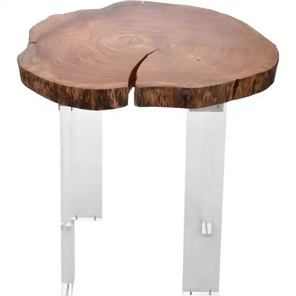 Table d'appoint en bois d'acacia à bord naturel marron, pieds en acrylique transparent