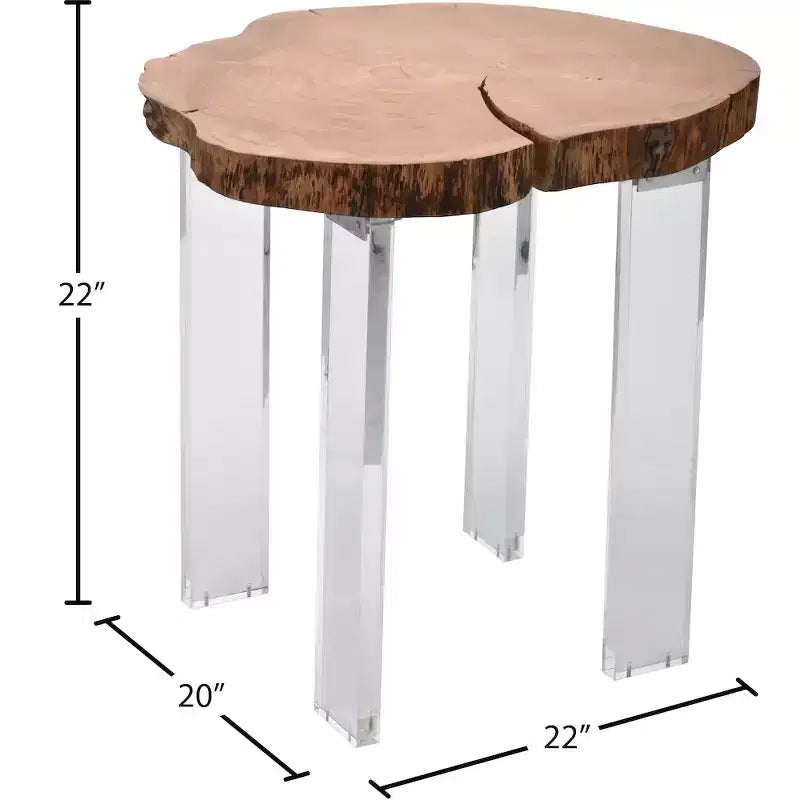 Table d'appoint en bois d'acacia à bord naturel marron, pieds en acrylique transparent