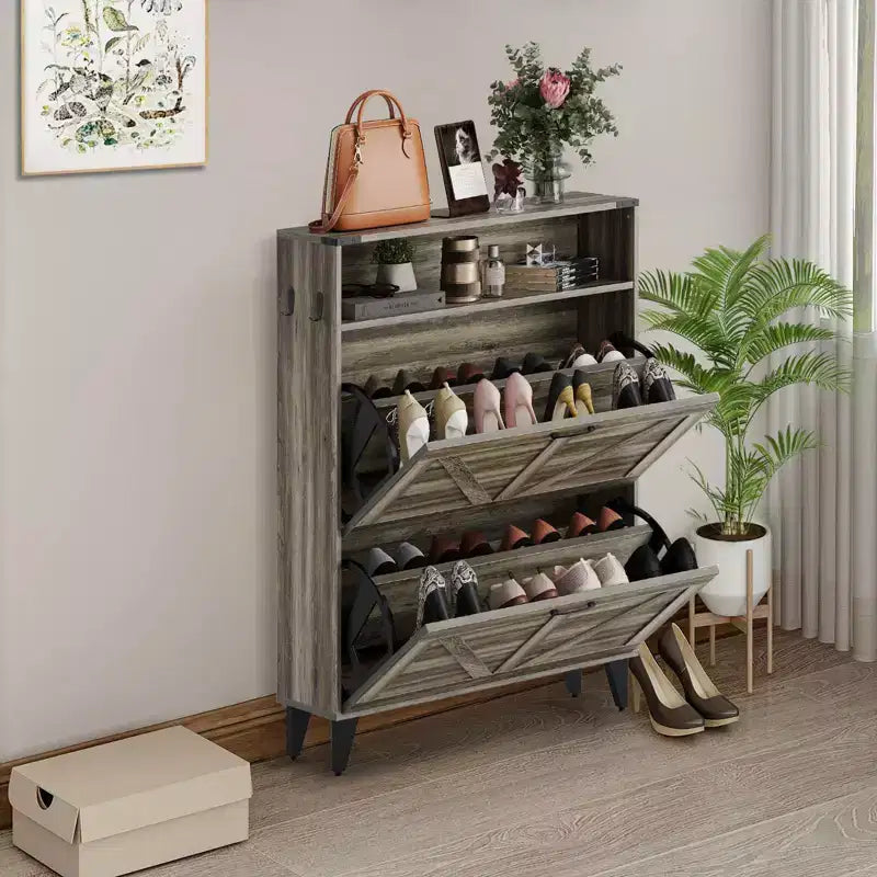 Meuble à chaussures à porte basculante, Gris/Blanc, Peut contenir 16 paires, Organisateur étroit autoportant