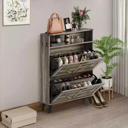 Meuble à chaussures à porte basculante, Gris/Blanc, Peut contenir 16 paires, Organisateur étroit autoportant