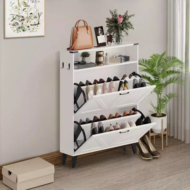 Meuble à chaussures à porte basculante, Gris/Blanc, Peut contenir 16 paires, Organisateur étroit autoportant