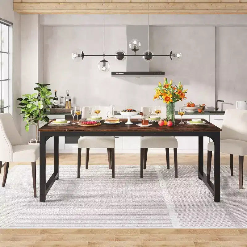 Table à manger rectangulaire en bois Marron / Marron et noir / Gris / Blanc, 6 places