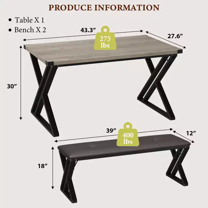 Ensemble de table à manger 3 pièces marron/gris avec 2 bancs, 4 places