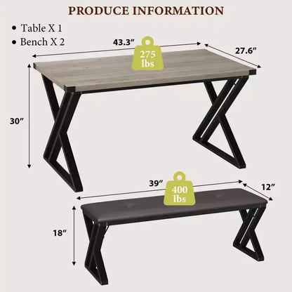 Ensemble de table à manger 3 pièces marron/gris avec 2 bancs, 4 places