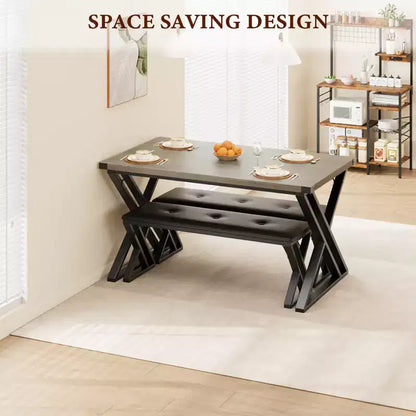 Ensemble de table à manger 3 pièces marron/gris avec 2 bancs, 4 places