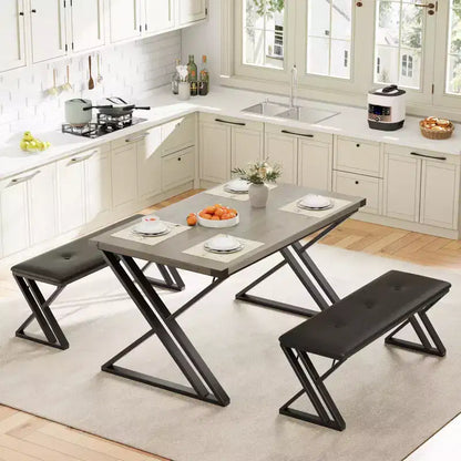 Ensemble de table à manger 3 pièces marron/gris avec 2 bancs, 4 places