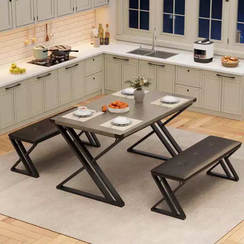 Ensemble de table à manger 3 pièces marron/gris avec 2 bancs, 4 places