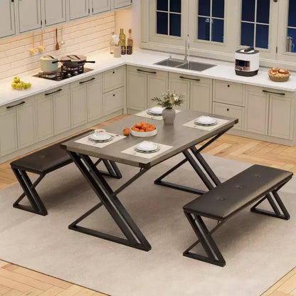 Ensemble de table à manger 3 pièces marron/gris avec 2 bancs, 4 places