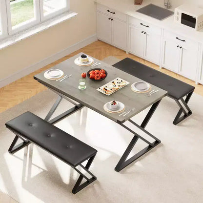 Ensemble de table à manger 3 pièces marron/gris avec 2 bancs, 4 places