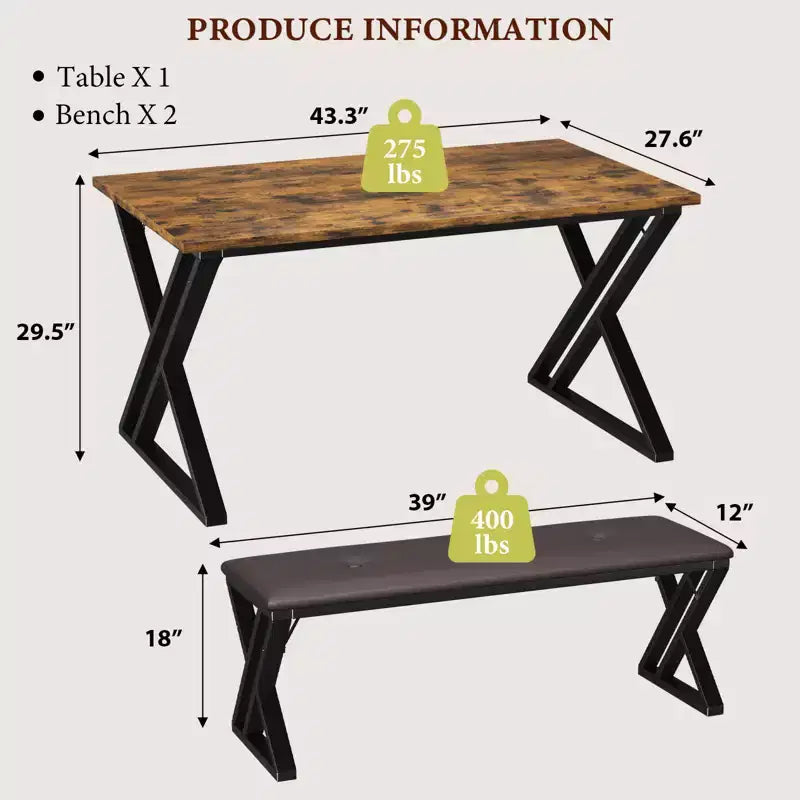 Ensemble de table à manger 3 pièces marron/gris avec 2 bancs, 4 places