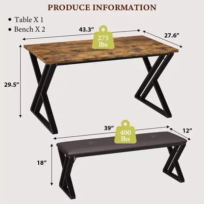 Ensemble de table à manger 3 pièces marron/gris avec 2 bancs, 4 places