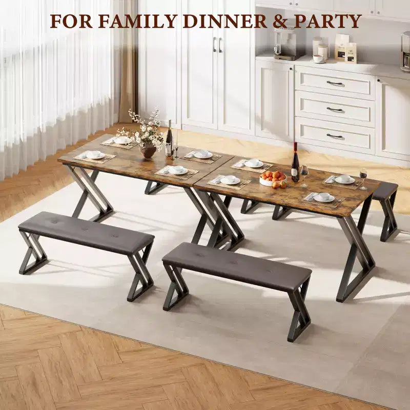 Ensemble de table à manger 3 pièces marron/gris avec 2 bancs, 4 places