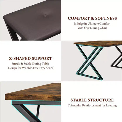 Ensemble de table à manger 3 pièces marron/gris avec 2 bancs, 4 places