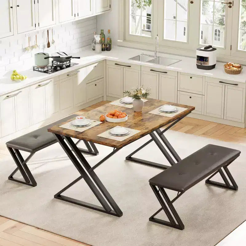 Ensemble de table à manger 3 pièces marron/gris avec 2 bancs, 4 places