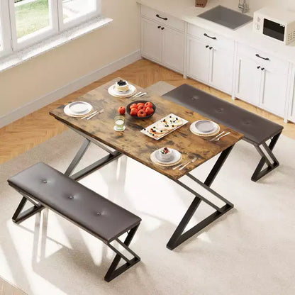 Ensemble de table à manger 3 pièces marron/gris avec 2 bancs, 4 places